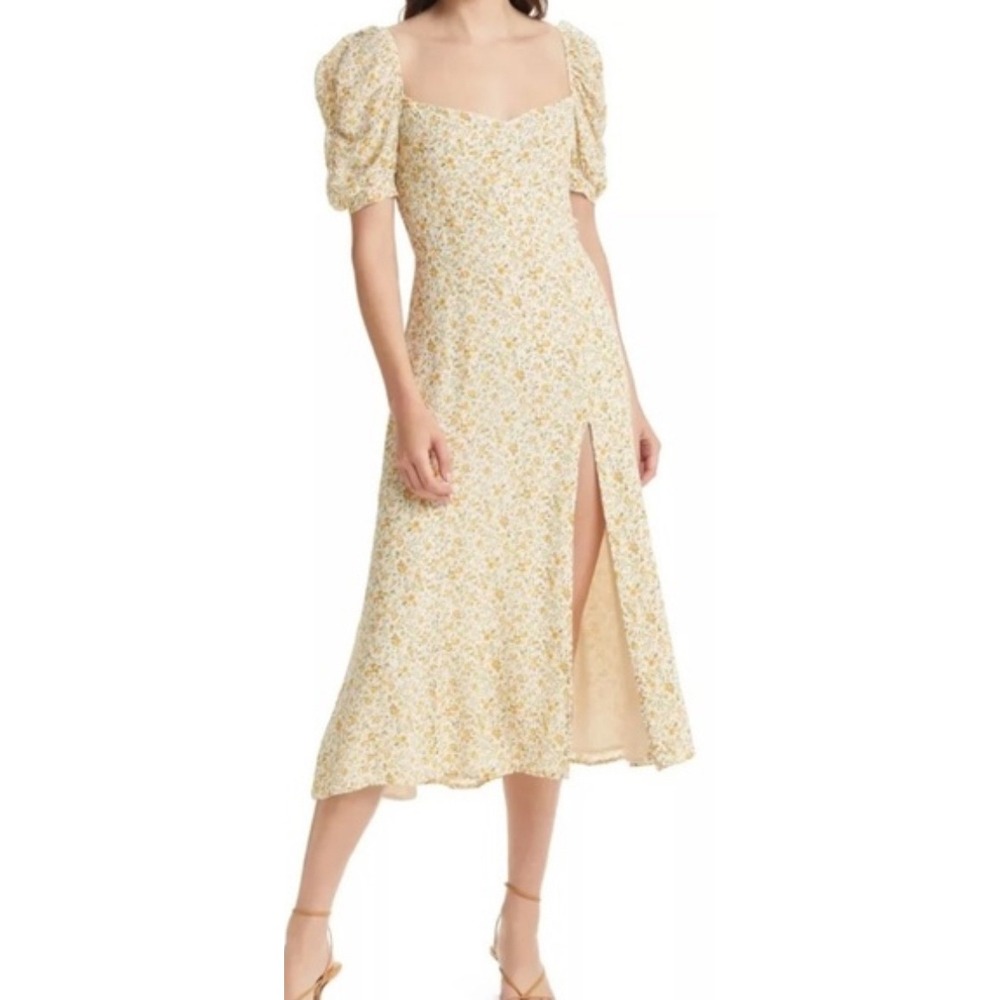 Reformation Yellow Floral Midi Dress Puff Sleeve Thigh Slit Sweetheart Neck 8